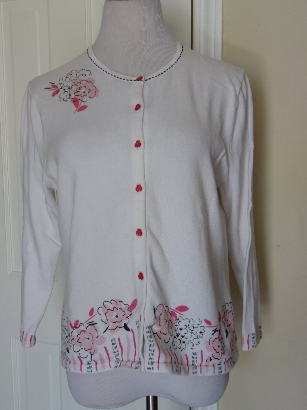 Vtg PENDLETON Portland Oregon White Cardigan Sweater w/ Pink Flowers – Med